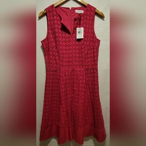 CALVIN KLEIN Embroidered Pink Eyelet Cotton Dress 6 Fit Flare ALine Cocktail Fun